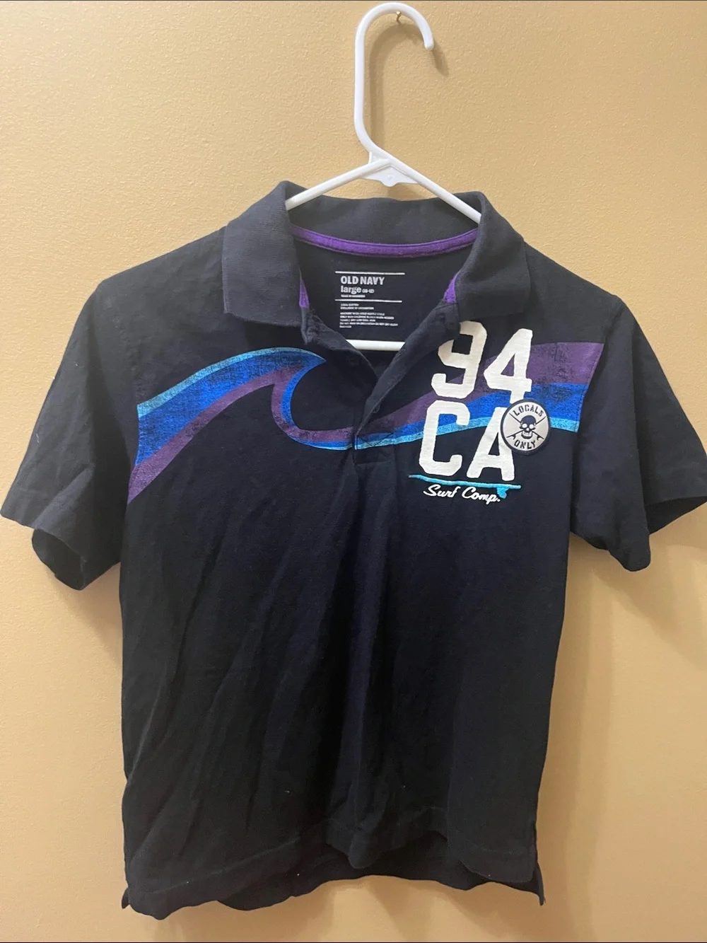 Vintage Old Navy Black Polo with Blue and Purple Wave and 94 CA Patch